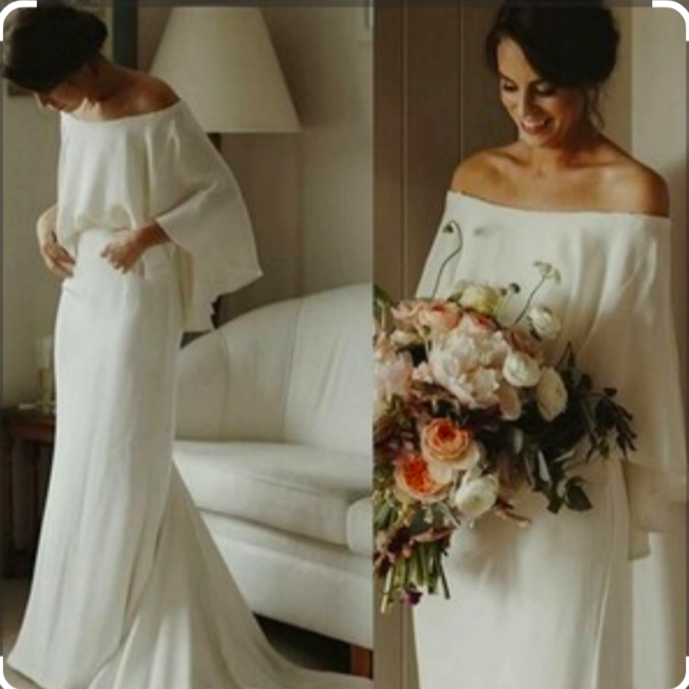 Off-The-Shoulder Minimalist Satin Blend Wedding Dress *Needs Cleaning!!*